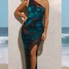 Dayna | Blue Print One-Shoulder Split Maxi Dress