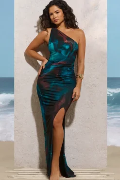 Dayna | Blue Print One-Shoulder Split Maxi Dress