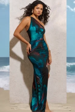 Dayna | Blue Print One-Shoulder Split Maxi Dress