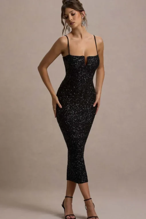 Dazzle Me | Black Sequin Strappy Bodycon Maxi Dress