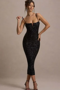 Dazzle Me | Black Sequin Strappy Bodycon Maxi Dress