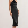 Dazzling | Black Satin Cross Over Halter Neck Midi Dress