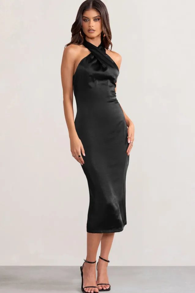 Dazzling | Black Satin Cross Over Halter Neck Midi Dress