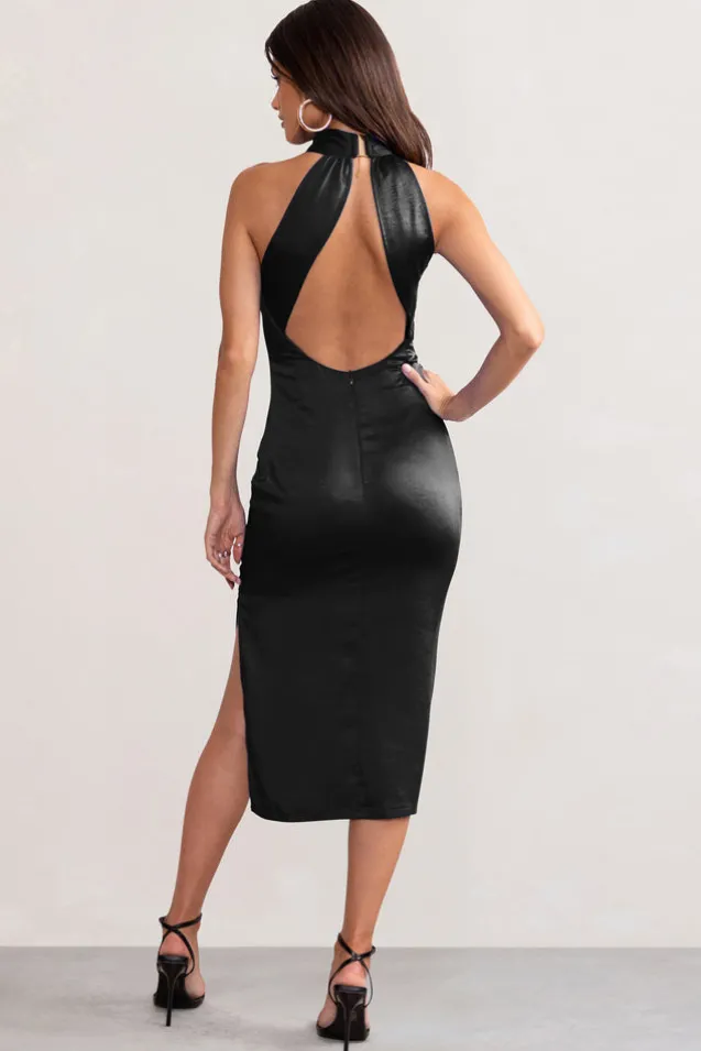 Dazzling | Black Satin Cross Over Halter Neck Midi Dress