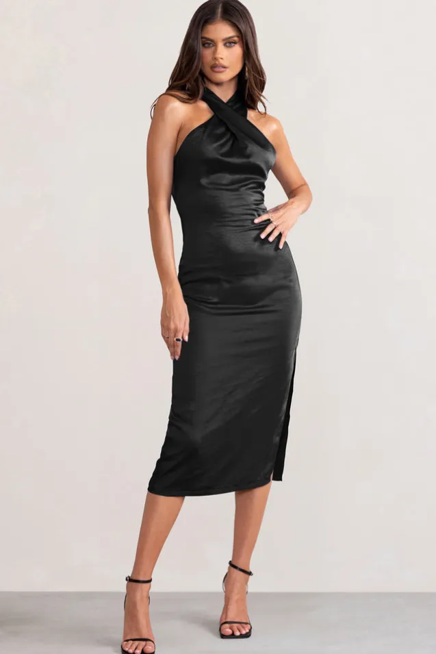 Dazzling | Black Satin Cross Over Halter Neck Midi Dress