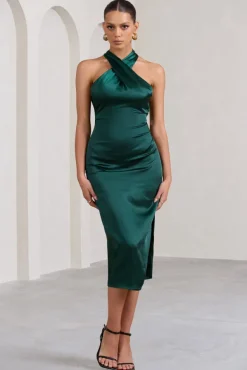 Dazzling | Bottle Green Satin Cross Over Halter Neck Midi Dress
