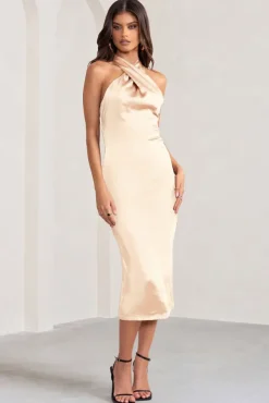 Dazzling | Champagne Satin Cross Over Halter Neck Midi Dress