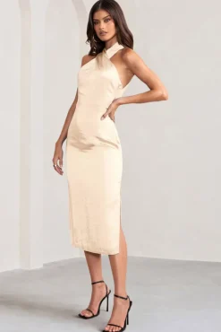 Dazzling | Champagne Satin Cross Over Halter Neck Midi Dress