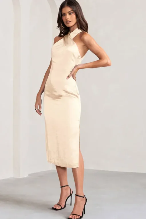 Dazzling | Champagne Satin Cross Over Halter Neck Midi Dress