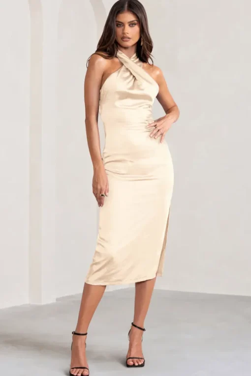 Dazzling | Champagne Satin Cross Over Halter Neck Midi Dress