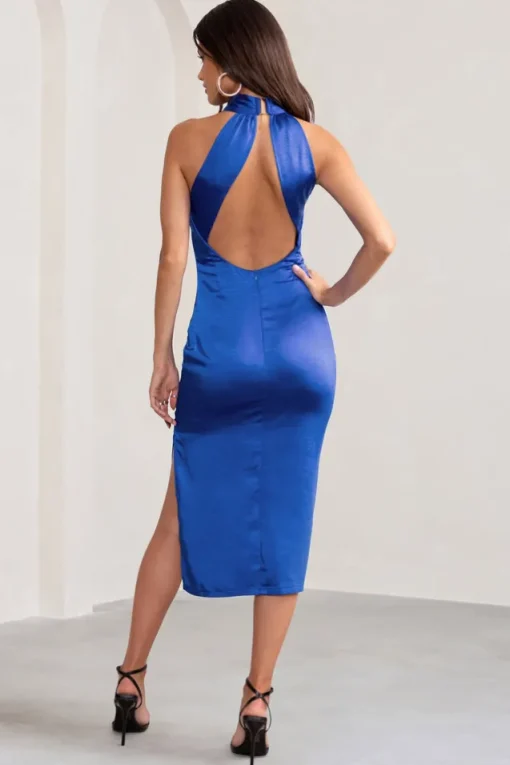 Dazzling | Cobalt Blue Satin Cross Over Halter Neck Midi Dress