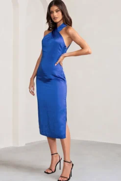 Dazzling | Cobalt Blue Satin Cross Over Halter Neck Midi Dress