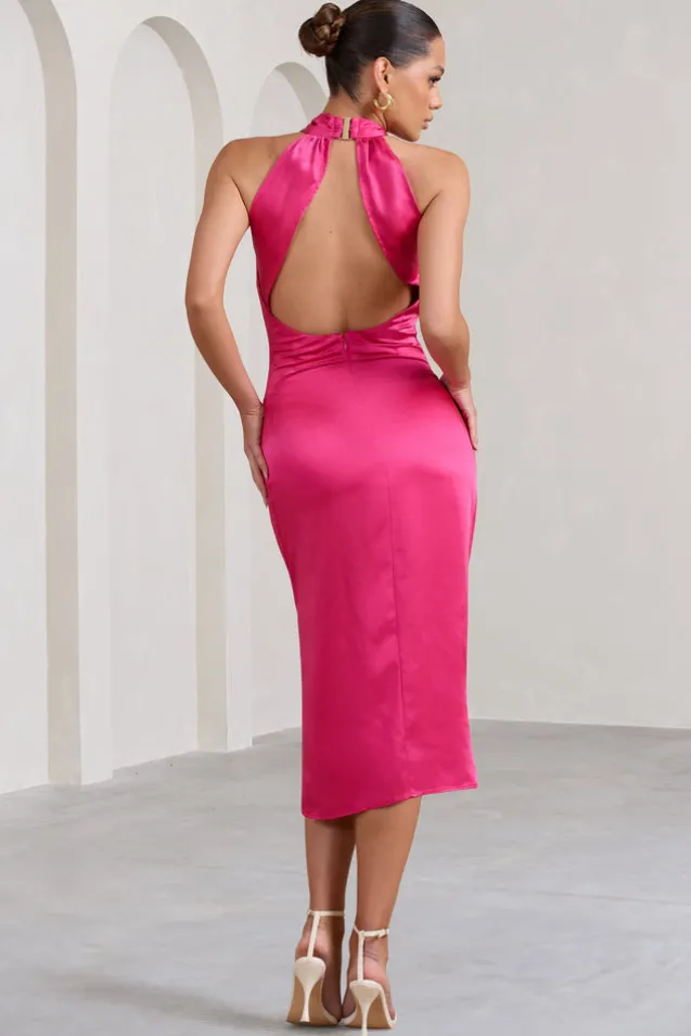 Dazzling | Fuchsia Satin Cross Over Halter Neck Midi Dress