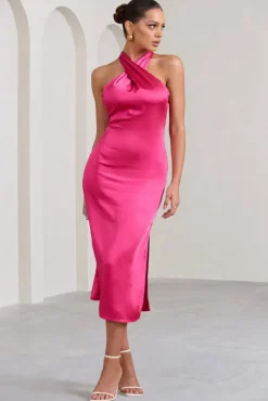 Dazzling | Fuchsia Satin Cross Over Halter Neck Midi Dress
