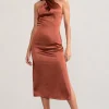 Dazzling | Rust Satin Cross Over Halter Neck Midi Dress