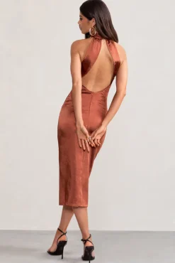 Dazzling | Rust Satin Cross Over Halter Neck Midi Dress