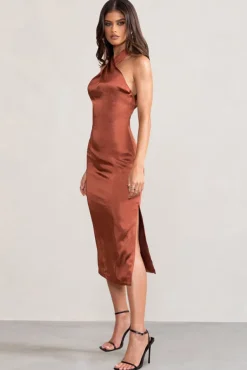 Dazzling | Rust Satin Cross Over Halter Neck Midi Dress