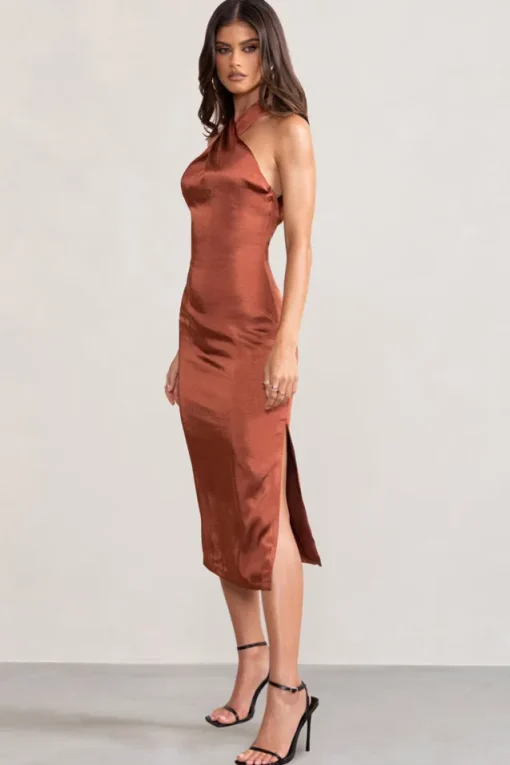 Dazzling | Rust Satin Cross Over Halter Neck Midi Dress