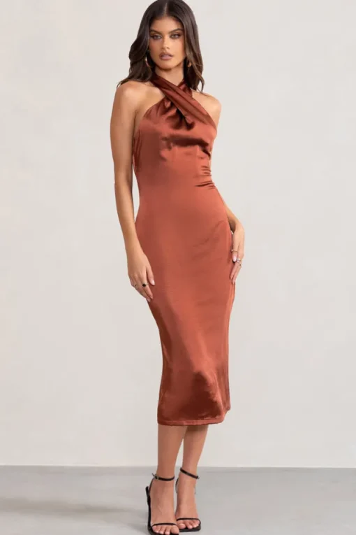 Dazzling | Rust Satin Cross Over Halter Neck Midi Dress