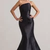 Define | Black Satin Asymmetric Fishtail Maxi Dress