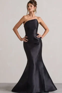 Define | Black Satin Asymmetric Fishtail Maxi Dress