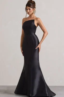 Define | Black Satin Asymmetric Fishtail Maxi Dress