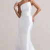 Define | White Satin Asymmetric Fishtail Maxi Dress