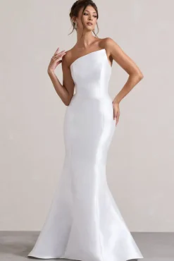Define | White Satin Asymmetric Fishtail Maxi Dress