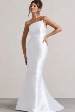 Define | White Satin Asymmetric Fishtail Maxi Dress