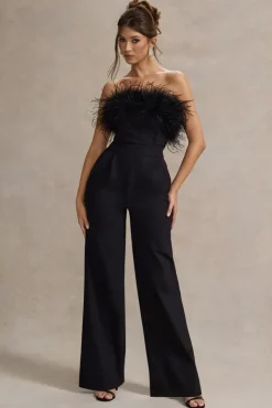 Delta | Black Feather Bandeau Wide-Leg Jumpsuit