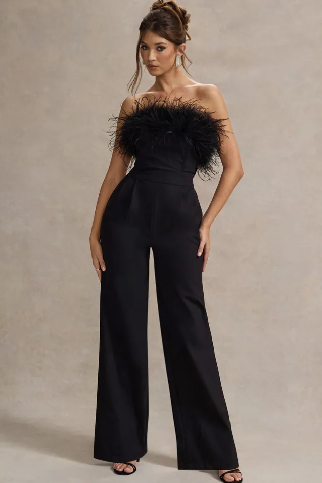 Delta | Black Feather Bandeau Wide-Leg Jumpsuit