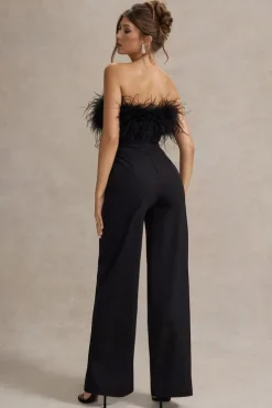 Delta | Black Feather Bandeau Wide-Leg Jumpsuit