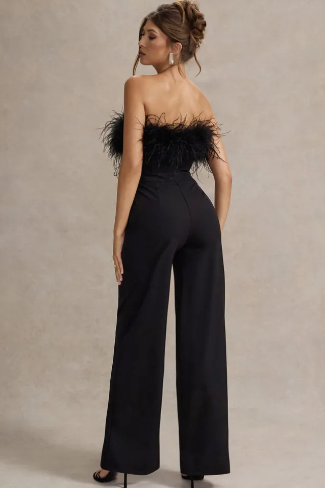 Delta | Black Feather Bandeau Wide-Leg Jumpsuit
