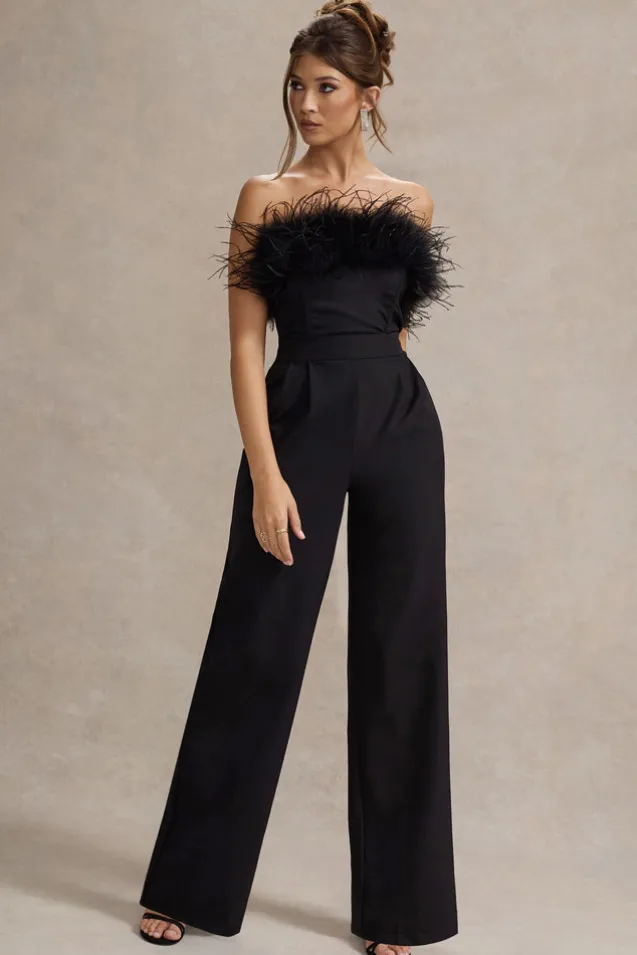Delta | Black Feather Bandeau Wide-Leg Jumpsuit