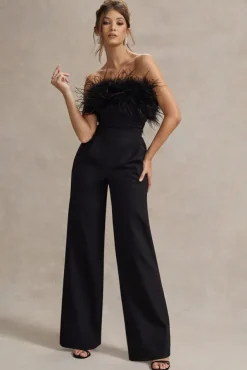 Delta | Black Feather Bandeau Wide-Leg Jumpsuit