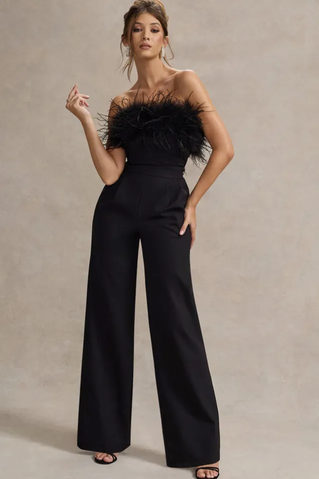 Delta | Black Feather Bandeau Wide-Leg Jumpsuit