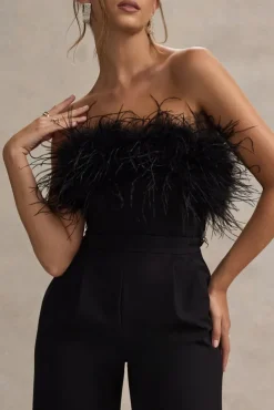 Delta | Black Feather Bandeau Wide-Leg Jumpsuit
