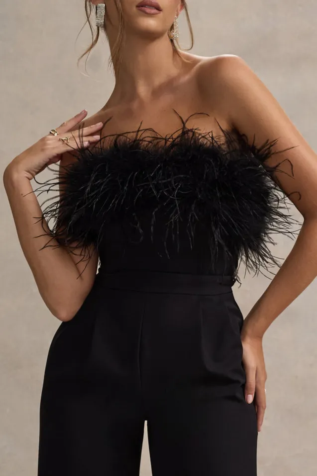 Delta | Black Feather Bandeau Wide-Leg Jumpsuit