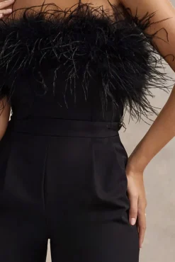 Delta | Black Feather Bandeau Wide-Leg Jumpsuit