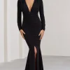 Demure | Black Ruched Long-Sleeved Split Fishtail Maxi Dress