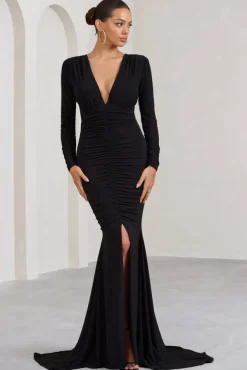 Demure | Black Ruched Long-Sleeved Split Fishtail Maxi Dress