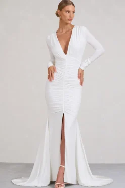 Demure | White Ruched Long-Sleeved Split Fishtail Maxi Dress