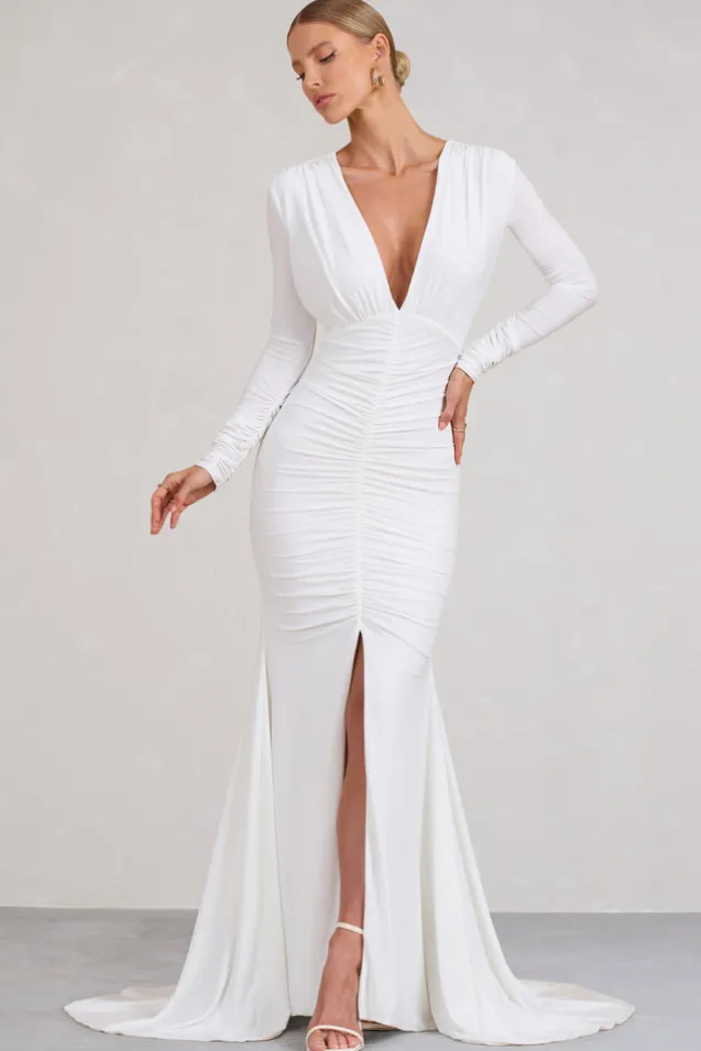 Demure | White Ruched Long-Sleeved Split Fishtail Maxi Dress