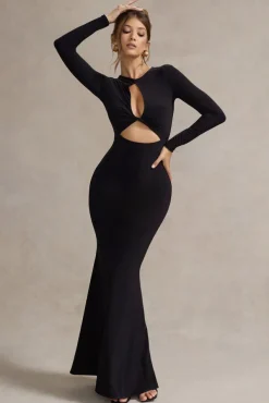 Denisse | Black Long-Sleeve Cut-Out Twisted Maxi Dress