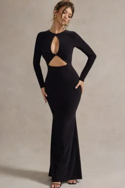 Denisse | Black Long-Sleeve Cut-Out Twisted Maxi Dress