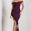 Deserted | Plum Bardot Frilled Asymmetric Midi Dress