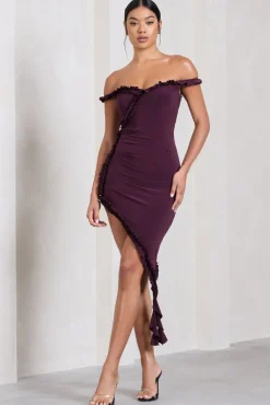 Deserted | Plum Bardot Frilled Asymmetric Midi Dress