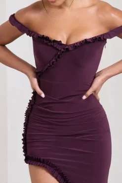 Deserted | Plum Bardot Frilled Asymmetric Midi Dress