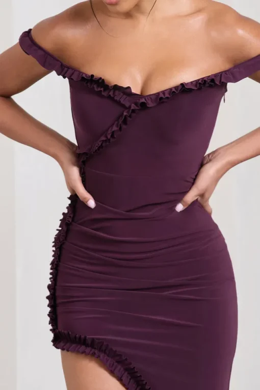 Deserted | Plum Bardot Frilled Asymmetric Midi Dress
