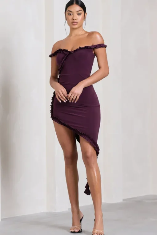 Deserted | Plum Bardot Frilled Asymmetric Midi Dress